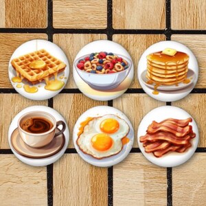 Set of 6 Breakfast Food Magnets or Pinback Button Pins - Kitchen ...