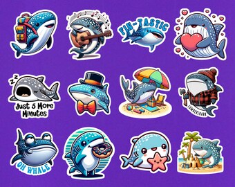 Set Of 12 Whale Shark Stickers - 2" Die Cut Shark Sticker Pack - Shark Laptop Stickers Computer Decals - Cute Whale Shark Art - Shark Gifts