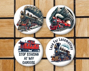 Set Of 4 Train Fridge Magnets or Pinback Button Pins - 2.25" Size - Unique Train Gifts For Train Lovers - Train Decor - Locomotive Train Art