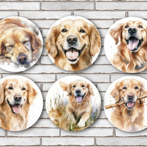 Set Of 6 Golden Retriever 1.25" Pinback Buttons, Magnets or Scrapbook Flair Gift For Dog & Puppy Lovers  Watercolor Golden Retriever Decor