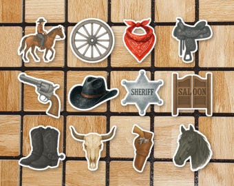 Set Of 12 Cowboy Western Vinyl Stickers - 2" Size - Country Sticker Pack - Cowboy Boots Cowboy Hat Sherriff Badge Skull Cowgirl