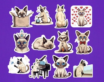 Siamese Cat Sticker Pack - Set Of 12 Mini Stickers 2" Size - Siamese Cat Mom Gifts - Cute Laptop Stickers - Cartoon Animal Stickers Planner
