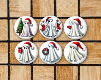 Set Of 6 Retro Christmas Ghosts Fridge Magnets Set - 1.25" Size - Vintage Halloween Christmas Decor - Horror Gifts For Xmas - Cute Ghost