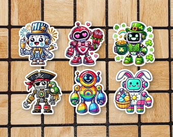 Set Of 6 Robot Stickers - Vinyl Sticker Pack - Holiday Laptop Stickers For Kids - Science Technology Robots Robotics - Cute Robot Lover Gift
