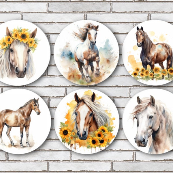 Set Of 6 Horse Magnets Or Pinback Button Pin - 1.25" - Equestrian Horse Lover Gift - Watercolor Horse Decor - Cute Country Western Aesthetic