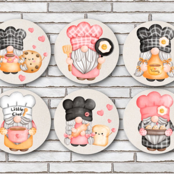 Chef Gnome Fridge Magnets Or Pinback Button Pins Set Of 6 Size 1.25" Chef Baker Themed Gift For Anyone Who Loves Garden Gnomes