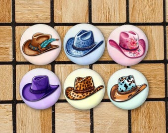 Juego de 6 imanes o botones con forma de sombrero de vaquero - Tamaño: 3,17 cm (1,25") - Decoración del hogar con temática western - Regalos para mujeres vaqueras - Tema country y western