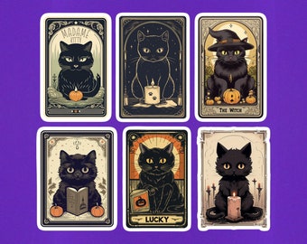 Set Of 6 Retro Black Cat Stickers / Cute Tarot Card Stickers / Vintage Style Halloween Sticker Pack /  3" Die-Cut Stickers / Black Cat Decor