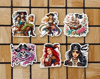 Set Of 6 Female Pirate Stickers Pack Vinyl - 3" Die Cut Laptop Stickers - Pirate Party Favor Gift - Skull And Crossbones Flag