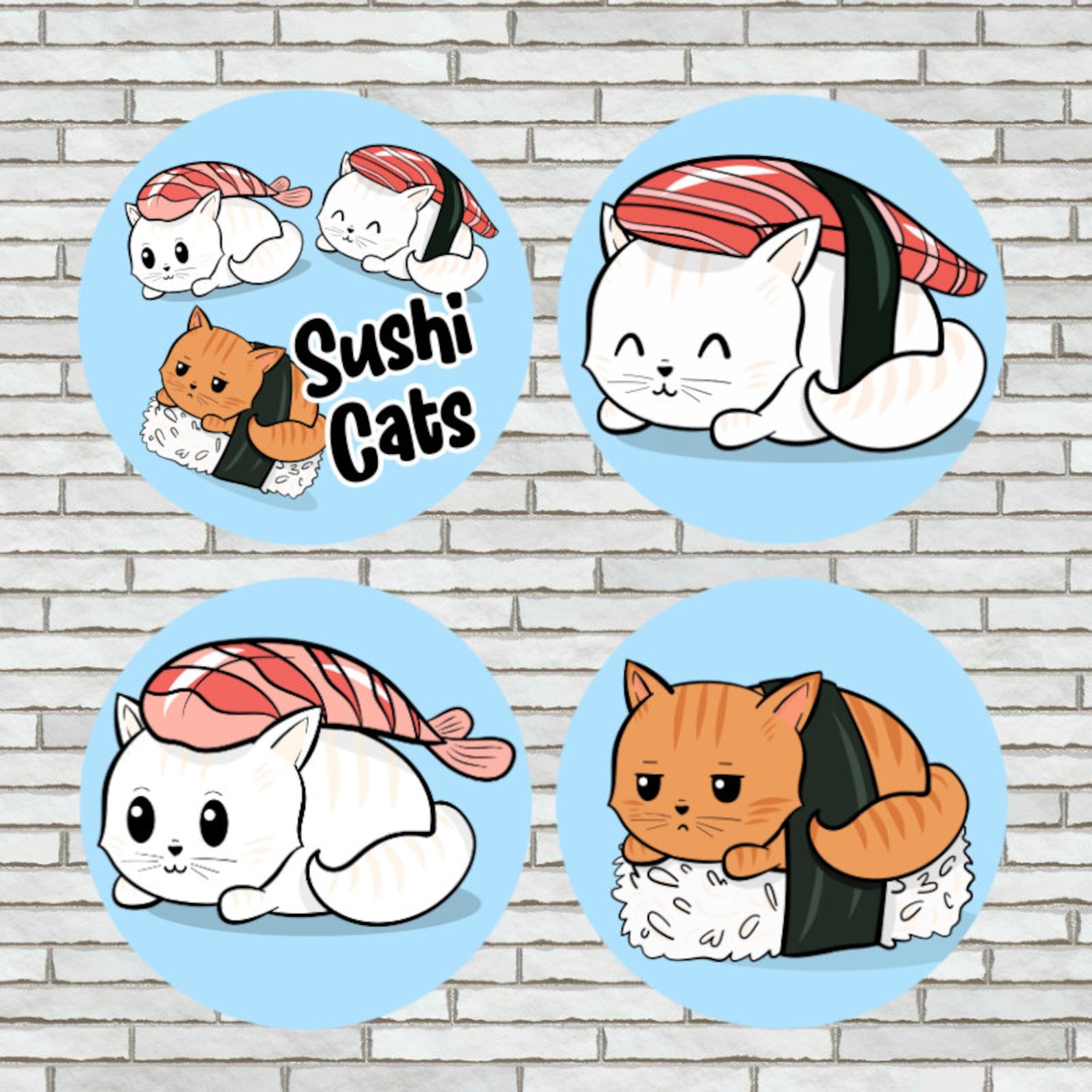 Set Of 4 Sushi Cat Pinback Buttons Or Fridge LARGE Etsy.de