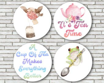 Set Of 4 Watercolor Tea Fridge Magnets Or Pinback Button Pins Large 2.25" Size Watercolor Animals Cottagecore Kitchen Decor Tea Themed Gifts