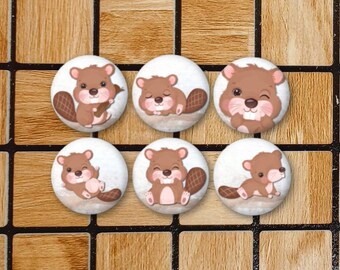 Set Of 6 Beaver Fridge Magnets Or Pinback Buttons or Flatbacks - 1.25" Size - Cute Kawaii Beaver Pin - Beaver Decor - Beaver Lover Gifts