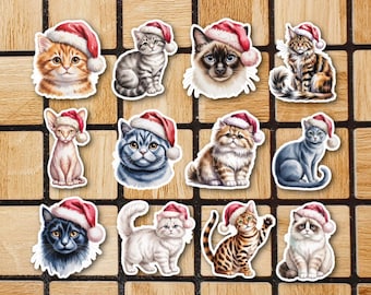 Set Of 12 Cute Christmas Cat Vinyl Stickers - Watercolor Christmas Sticker Pack - 2" Die Cut Laptop Stickers Winter Seasonal Holiday Animals