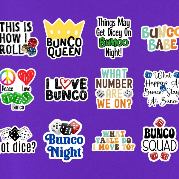 Set Of 12 Bunco Stickers - Bunco Sticker Pack - 2" Small Mini Stickers -  Bunco Gifts - Bunco Prize - Laptop Stickers - Bunco Party Favor