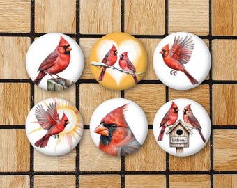 Set Of 6 Cardinal Bird Fridge Magnets Or Pinback Buttons - 1.25" - Watercolor Bird Art - Bird Gifts For Bird Lovers - Birdwatcher Home Decor