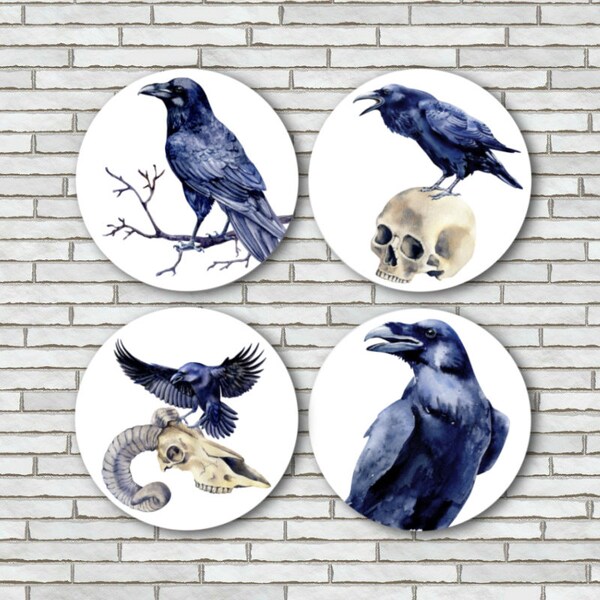 Set Of 4 Raven Magnets / Raven Pin Pinback Buttons / LARGE 2.25" Size / Raven Decor / Raven Art Watercolor / Goth Gifts Pins Magnet Set