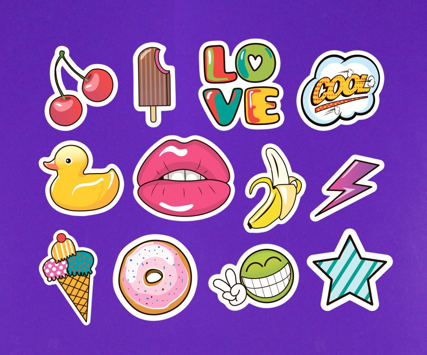 Set Of 12 Pop Art Stickers 2 On Their Longest Side Sticker Pack Lips Love  Banana Cherry Donut Rubber Duck Lightning Bolt Ice Cream Peace