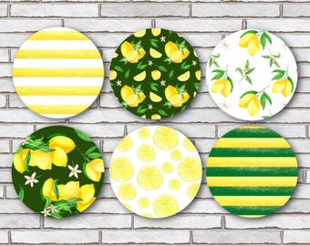 Lemon Lover Themed Fridge Magnets Or Pinback Buttons Or Scrapbook Flair Green Yellow White Kitchen Decor Kitchen Magnet Fruit Food Stripes