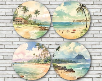 Set Of 4 - Vintage Style Hawaii Fridge Magnets or Pinback Button Pins - 2.25" - Retro Hawaiian Artwork For Coastal Home -  Tiki Bar Decor