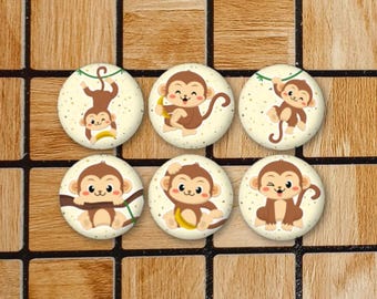 Set Of 6 Cute Monkey Magnets or Pinback Buttons Pin 1.25" Size Monkey Decor Monkey Gifts Monkey Lover Monkey With Banana Animal Animals