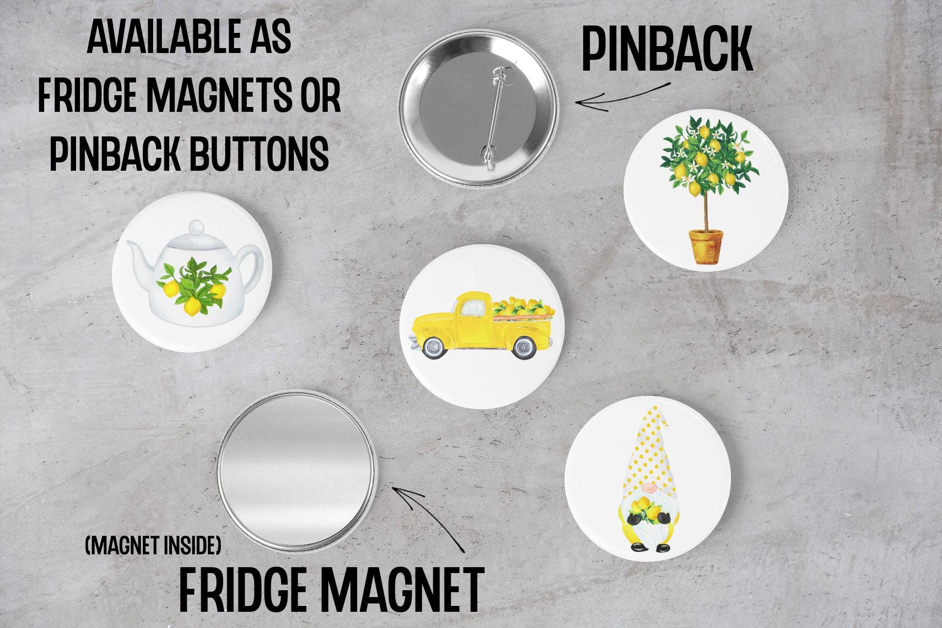 Lemon Magnets Lemon Lover Themed Fridge Magnets or Pinback Buttons or Scrapbook Flair ...