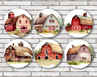 Set Of 6 Watercolor Farm Barn Scenery Fridge Magnets or Pinback Button Pins 1.25" Unique Watercolor Art White Minimalist Magnets Cottagecore