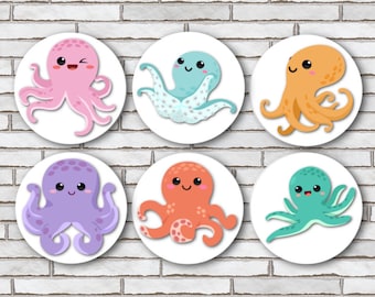 Set Of 6 Kawaii Octopus Magnets or Octopus Pin Pinback Buttons - 1.25" Size - Octopus Gifts - Octopus Decor - Kawaii Magnets Fridge Cute