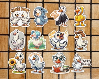 Set Of 12 Goose Stickers - 2" Die Cut Bird Sticker Pack - Funny Silly Goose Pun - Geese Vinyl Laptop Stickers - Cute Animal Computer Decals