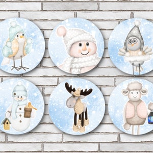 Set Of 6 Christmas Winter Watercolor Animals Magnet Set Or Pinback Button Pins - 1.25" Size - Blue Snow Background Snowman Lam Moose Bird