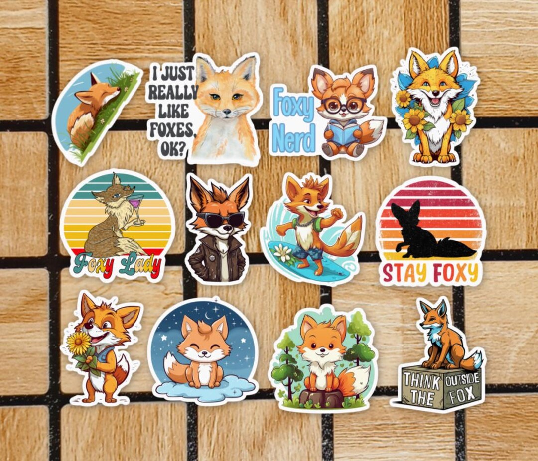 Set of 12 Fox Vinyl Stickers - Fox Sticker Pack - 2