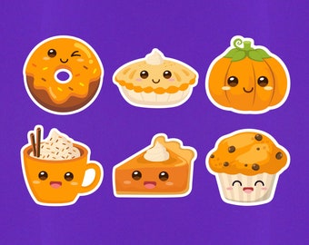 Set Of 6 / Kawaii Food Sticker Pack 2" / Pumpkin Pie Sticker / Pumpkin Spice Latte Sticker / Pumpkin Muffin Sticker / Pumpkin Donut Sticker