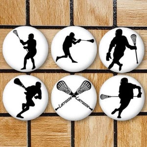 Set Of 6 Lacrosse Magnets Or Lacross Pinback Buttons - Lacross Pin - Lacrosse Scrapbook - 1.25" Size - Lacross Decor - Lacrosse Gifts