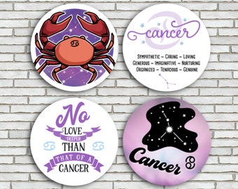 Zodiac Cancer Magnets / Cancer Pins Buttons / Set Of 4 / 2.25" Size / Zodiac Fridge Magnets Pins / Cancer Zodiac Gift Set / Astrology Gifts