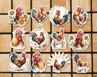 Set Of 12 Rooster Stickers - Assorted 2" Die Cut Stickers Pack - Cute Animal Laptop Stickers - Funny Rooster Gifts - Unique Rooster Decor