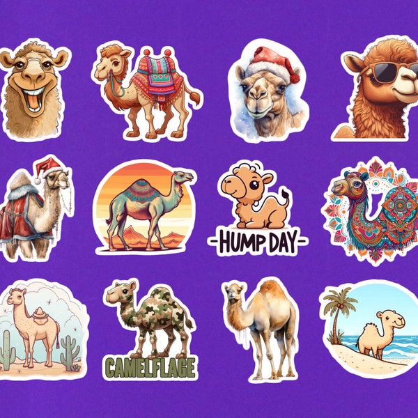 Set Of 12 Camel Stickers - 2" Die Cut Sticker Pack - Cute Animal Laptop Stickers - Camel Gifts For Camel Lovers - Desert Computer Decals