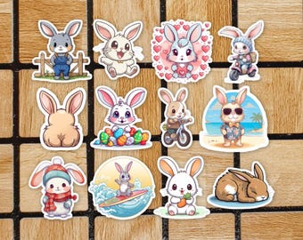 Set Of 12 Bunny Rabbit Stickers - Cute Animal Die Cut Sticker Pack - Rabbit Lover Gift - Cool Laptop Stickers - Nature Hare Computer Decals