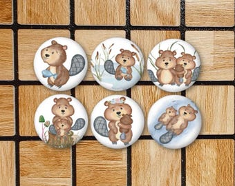 Set Of 6 Watercolor Beaver Magnets Or Pinback Buttons Pins or Flatbacks - 1.25" - Beaver Gift - Beaver Art - Beaver Decor - Nature Animal