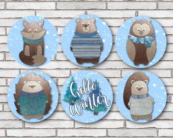 Set Of 6 Hello Winter Forest Animals Magnet Set Or Pinback Buttons Pin - 1.25" Size - Bear Owl Fox Beaver Porcupine - Winter Fridge Magnets