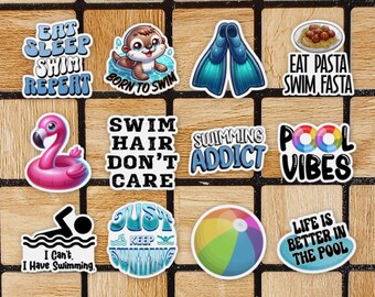 Set Of 12 Vinyl Swimming Stickers - 2" Sticker Pack - Swimming Laptop Stickers - Summer Sport Computer Decals - Gift For Swimmer Swim Team