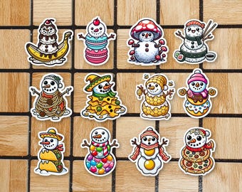 Set Of 12 Snowmen Stickers - Snowman Sticker Pack - Mini 2" Die Cut Stickers - Cute Food Laptop Stickers - Vinyl Winter Christmas Stickers