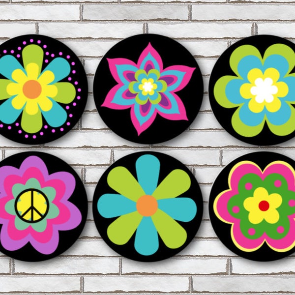 Set Of 6 1960's Themed 1.25" Pinback Buttons Or Magnets or Flatbacks - Vintage Retro Costume Colorful Hippie Flowers - 60s 70s Aesthetic
