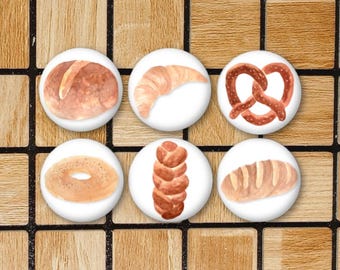Set Of 6 Bread Fridge Magnets - 1.25" - Watercolor Artwork - Food Kitchen Magnets Decor -Croissant Pretzel Sourdough Bagel Hala French Bread