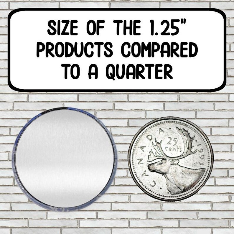 May include: A 1.25 inch round button or pin compared to a Canadian quarter coin. The button is silver and the coin is silver with a caribou design.