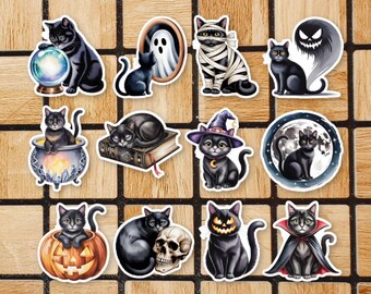 Set Of 12 Halloween Black Cat Stickers - 2" or 3" Die Cut Vinyl Stickers - Cute Cat Sticker Pack - Waterproof Water Bottle Decals Laptop