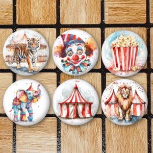 May include: Six colourful round buttons with circus themes. The buttons feature a tiger, a clown, popcorn, an elephant, a circus tent, and a lion.