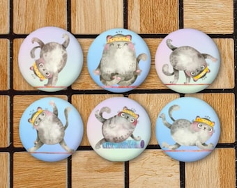 Set Of 6 Yoga Cat Fridge Magnets Or Pinback Button Pins - Yoga Art - Yoga Gifts - Yoga Gift For Yoga Teacher - Yoga Pose Pin - Yoga Decor