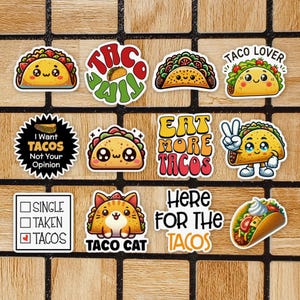 Set Of 12 Taco Stickers - Taco Sticker Pack - Die Cut Stickers  - Taco Gift For Taco Lovers - Taco Laptop Stickers - Food Computer Decals