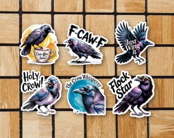 Set Of 6 Watercolor Crow Vinyl Stickers - 2" or 3" Die Cut Bird Sticker Pack - Stickers Laptop - Birdwatching Birdwatcher Gift - Waterproof