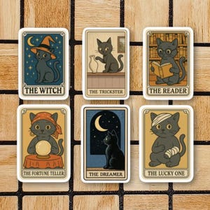 Lot de 6 stickers rétro chat noir - Stickers mignons de cartes de tarot - Pack d'autocollants Halloween style vintage - Stickers découpés 3" - Déco chat noir