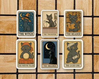 Set Of 6 Retro Black Cat Stickers - Cute Tarot Card Stickers - Vintage Style Halloween Sticker Pack -  3" Die-Cut Stickers - Black Cat Decor